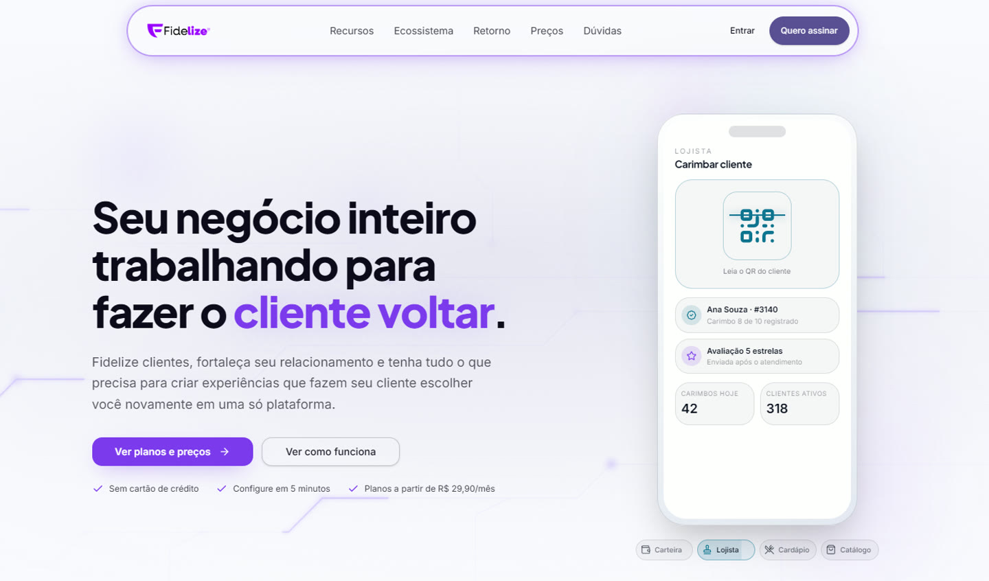 Tela inicial da plataforma Fidelize